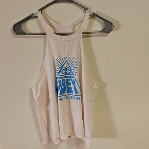 Obey Women's Tank Top with Blue Graphic on Light Pink